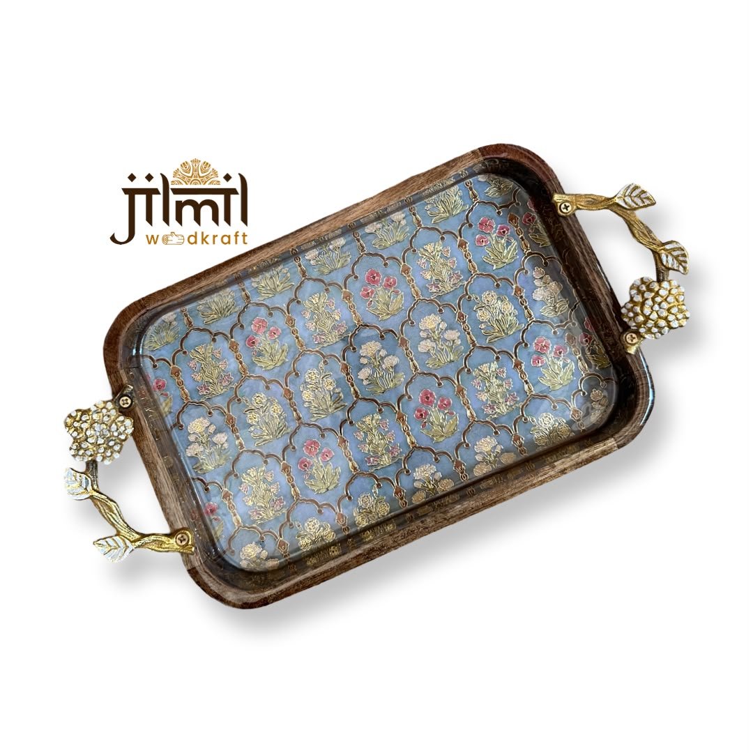 Mango-wood Tray 8x12 with Golden Handle - Design 04