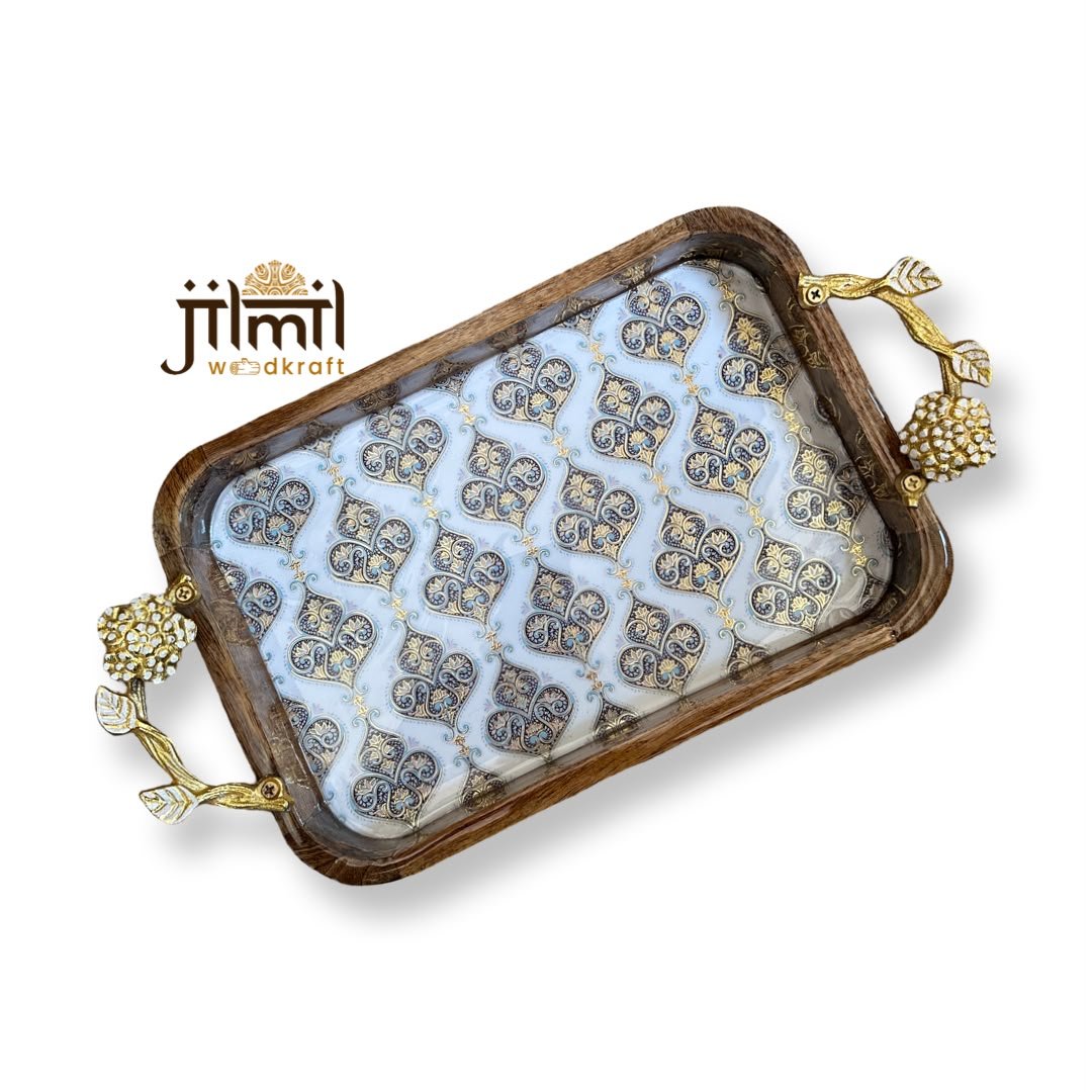 Mango-wood Tray 8x12 with Golden Handle - Design 05