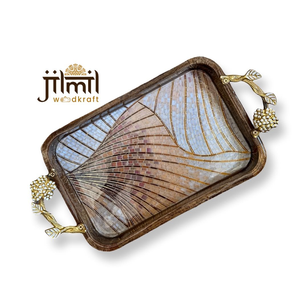 Mango-wood Tray 8x12 with Golden Handle - Design 06