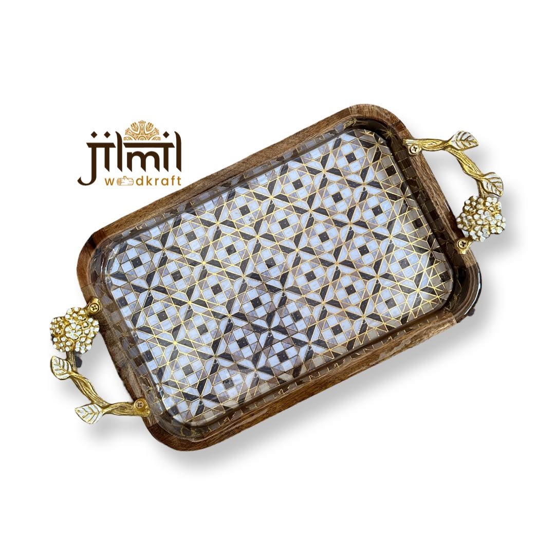 Mango-wood Tray 8x12 with Golden Handle - Design 07
