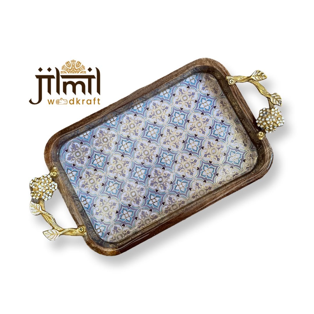 Mango-wood Tray 8x12 with Golden Handle - Design 08