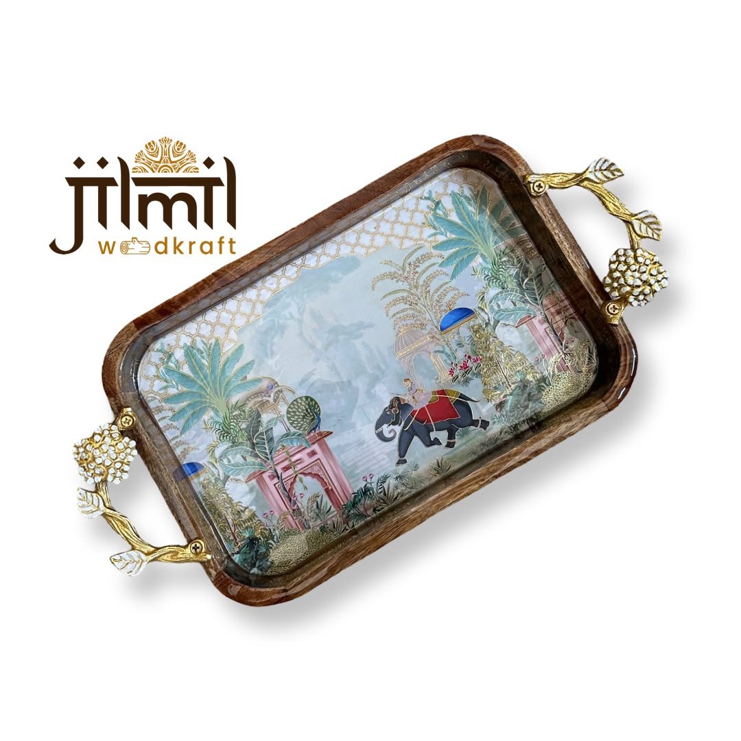 Mango-wood Tray 8x12 with Golden Handle - Design 09